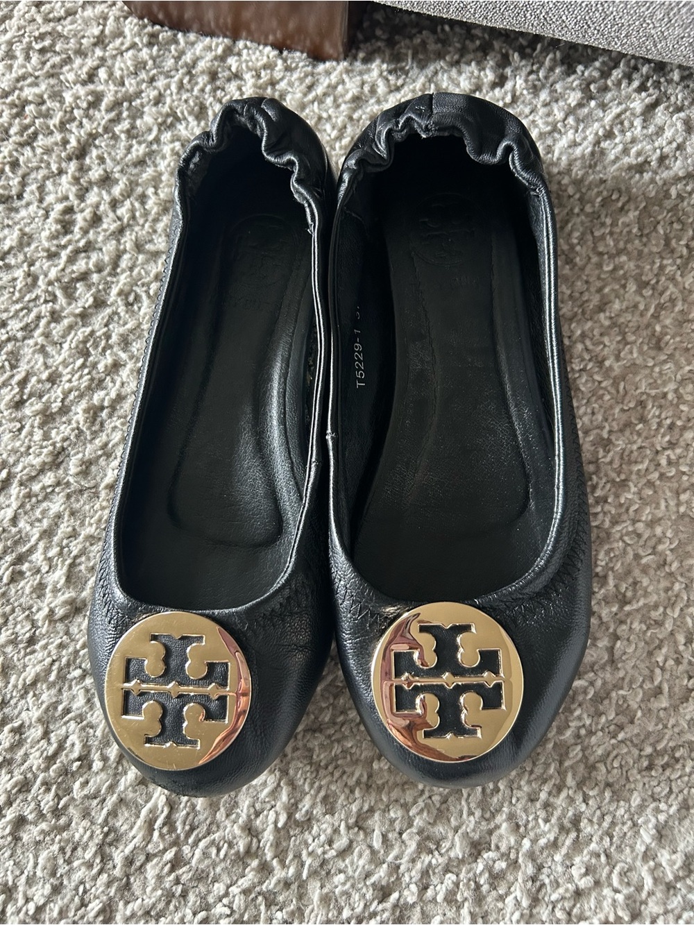 Tory Burch Black Leather Ballet Flats with Gold Logo Medallions